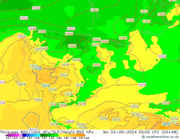 Thck 850-1000 hPa Arpege-eu Mo 03.06.2024 00 UTC