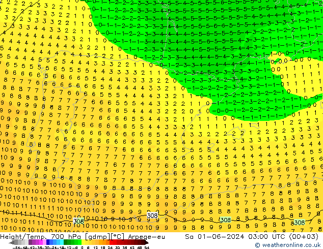 Geop./Temp. 700 hPa Arpege-eu sáb 01.06.2024 03 UTC