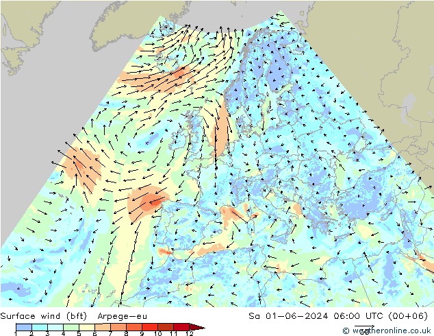 Surface wind (bft) Arpege-eu So 01.06.2024 06 UTC