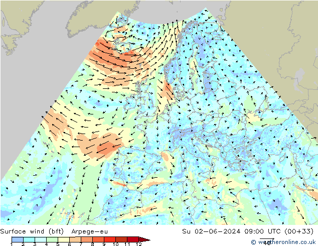 Surface wind (bft) Arpege-eu Ne 02.06.2024 09 UTC