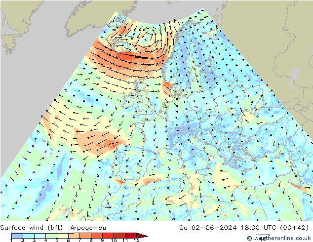 Surface wind (bft) Arpege-eu Su 02.06.2024 18 UTC