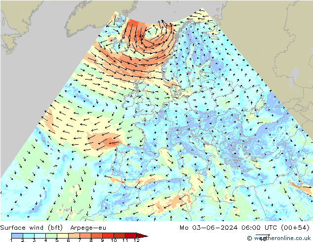 Bodenwind (bft) Arpege-eu Mo 03.06.2024 06 UTC