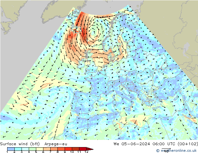 Surface wind (bft) Arpege-eu We 05.06.2024 06 UTC
