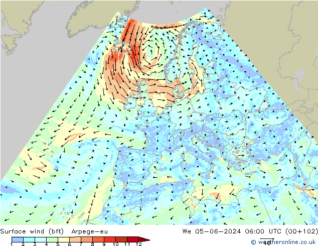 Bodenwind (bft) Arpege-eu Mi 05.06.2024 06 UTC