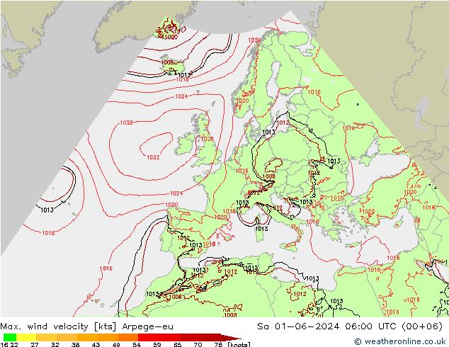 Max. wind velocity Arpege-eu sam 01.06.2024 06 UTC