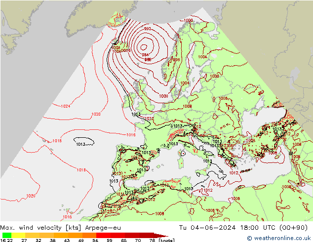 Max. wind velocity Arpege-eu Tu 04.06.2024 18 UTC