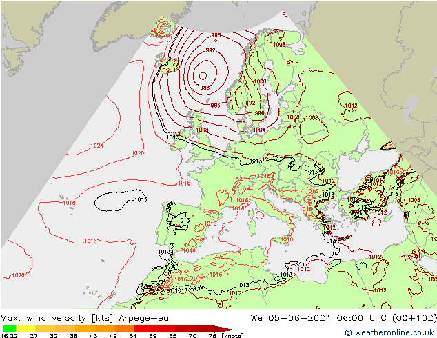 Max. wind velocity Arpege-eu We 05.06.2024 06 UTC
