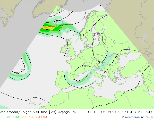 Jet stream/Height 300 hPa Arpege-eu Su 02.06.2024 00 UTC