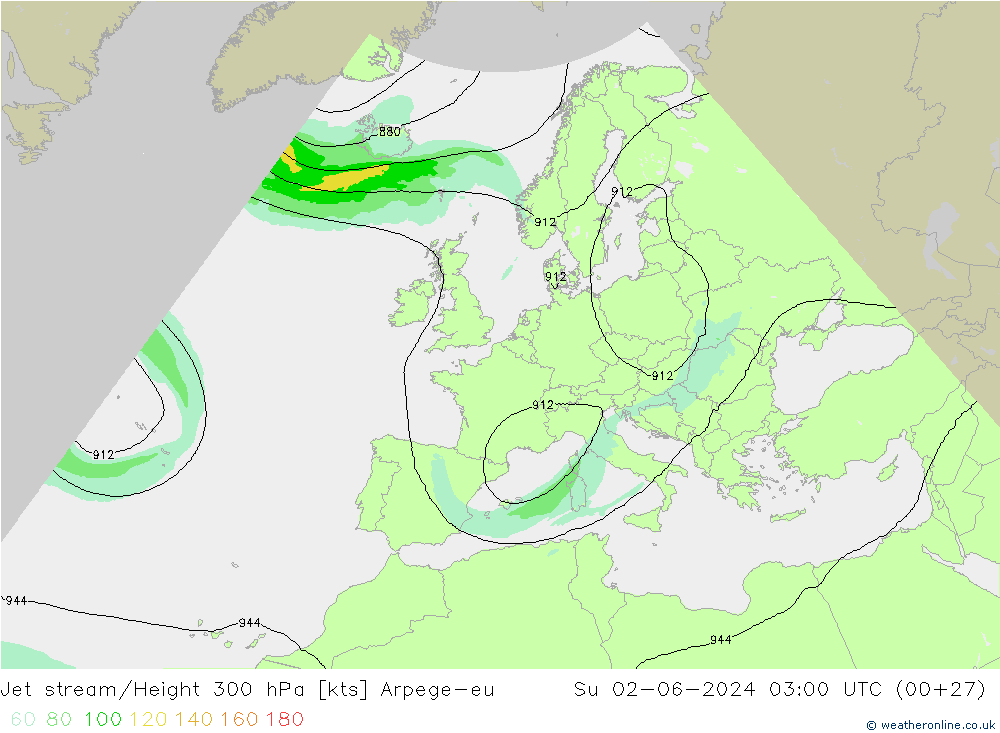 Jet stream/Height 300 hPa Arpege-eu Su 02.06.2024 03 UTC