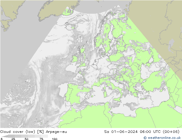 Cloud cover (low) Arpege-eu Sa 01.06.2024 06 UTC