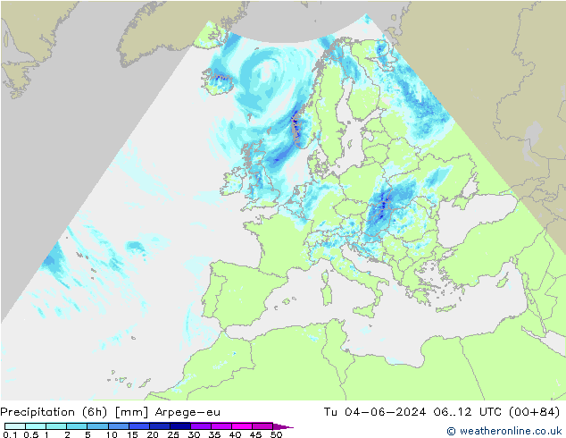 Totale neerslag (6h) Arpege-eu di 04.06.2024 12 UTC