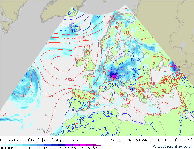 Totale neerslag (12h) Arpege-eu za 01.06.2024 12 UTC