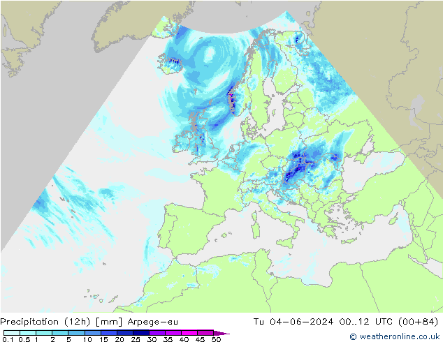 Precipitation (12h) Arpege-eu Tu 04.06.2024 12 UTC