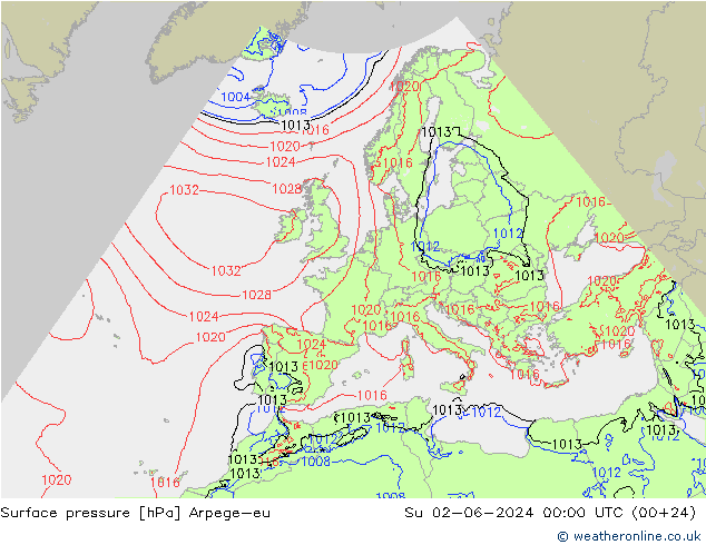 Pressione al suolo Arpege-eu dom 02.06.2024 00 UTC
