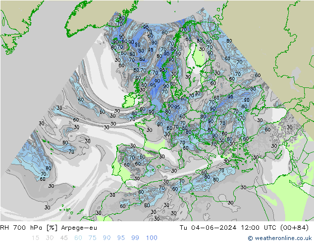 RH 700 гПа Arpege-eu вт 04.06.2024 12 UTC