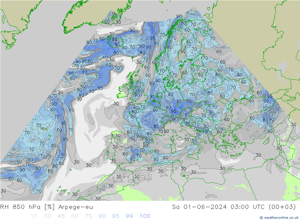 RH 850 гПа Arpege-eu сб 01.06.2024 03 UTC