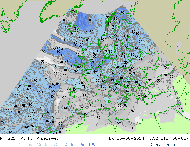 Humidité rel. 925 hPa Arpege-eu lun 03.06.2024 15 UTC