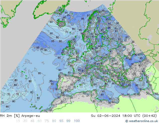 RH 2m Arpege-eu Su 02.06.2024 18 UTC