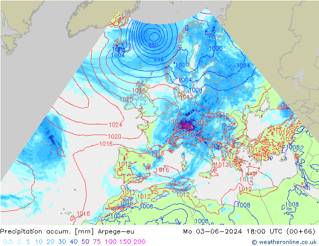 Précipitation accum. Arpege-eu lun 03.06.2024 18 UTC