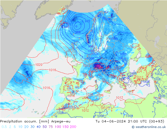 Totale neerslag Arpege-eu di 04.06.2024 21 UTC