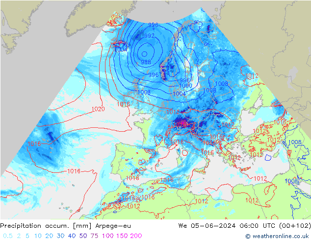 Totale neerslag Arpege-eu wo 05.06.2024 06 UTC