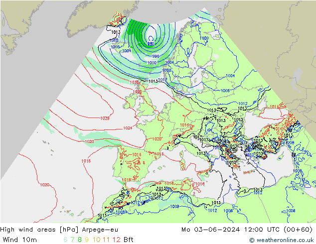 High wind areas Arpege-eu  03.06.2024 12 UTC