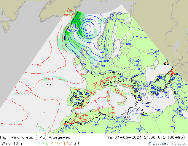 Windvelden Arpege-eu di 04.06.2024 21 UTC