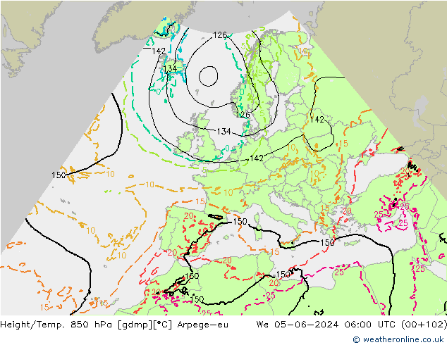 Hoogte/Temp. 850 hPa Arpege-eu wo 05.06.2024 06 UTC