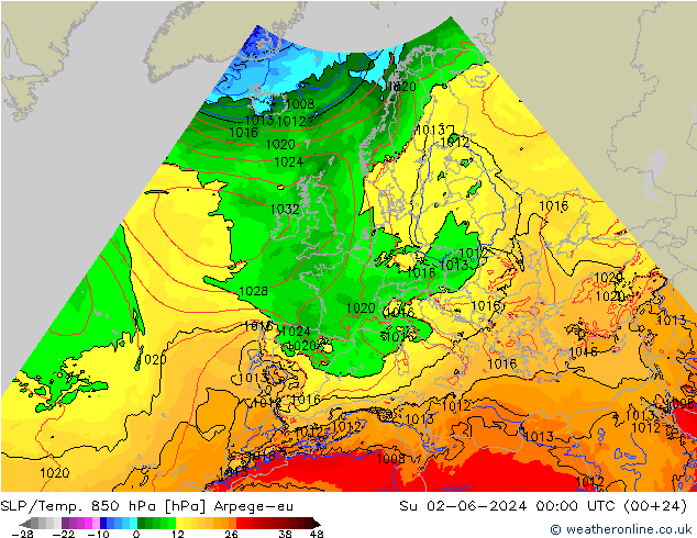 SLP/Temp. 850 hPa Arpege-eu So 02.06.2024 00 UTC