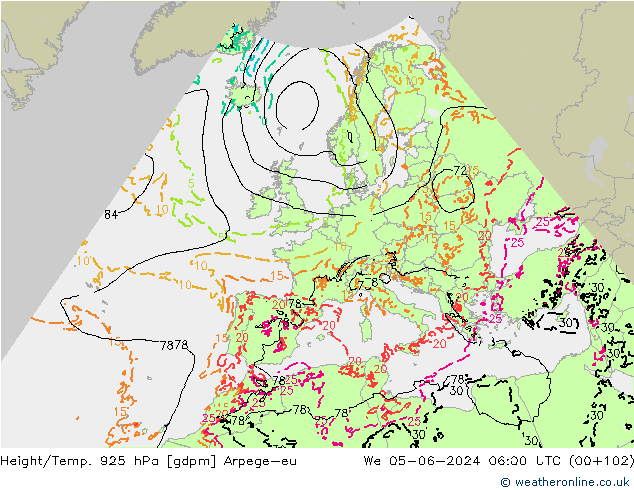 Height/Temp. 925 гПа Arpege-eu ср 05.06.2024 06 UTC