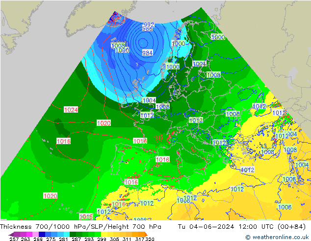 Thck 700-1000 hPa Arpege-eu wto. 04.06.2024 12 UTC