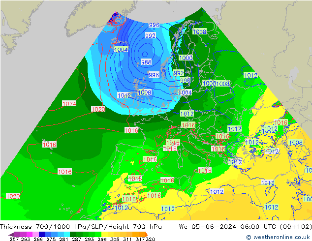 Thck 700-1000 hPa Arpege-eu We 05.06.2024 06 UTC