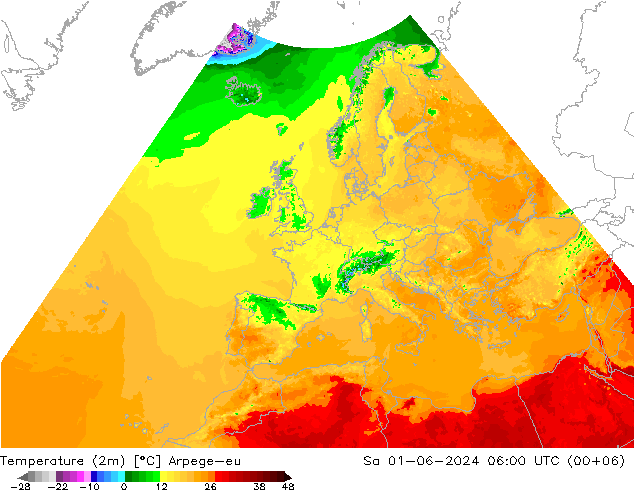 温度图 Arpege-eu 星期六 01.06.2024 06 UTC