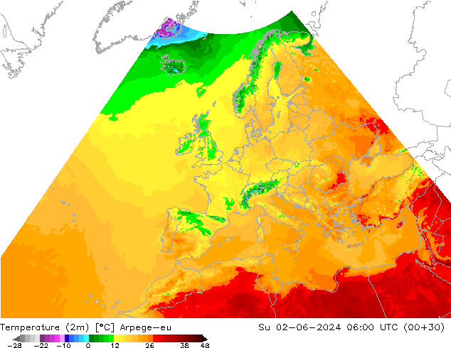 Temperatura (2m) Arpege-eu dom 02.06.2024 06 UTC
