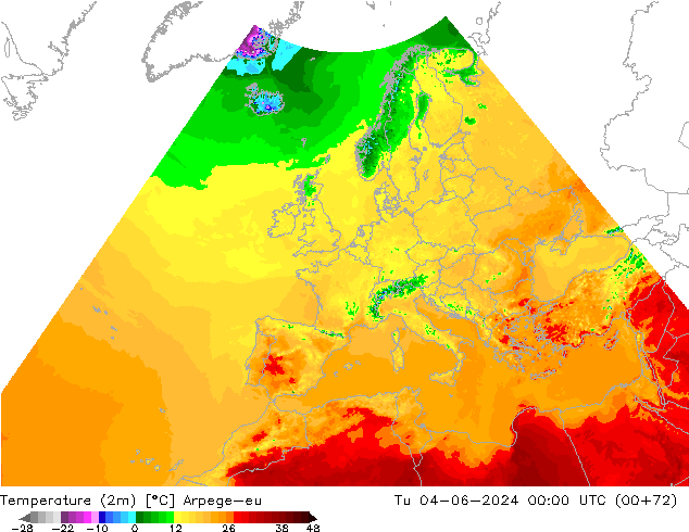 mapa temperatury (2m) Arpege-eu wto. 04.06.2024 00 UTC