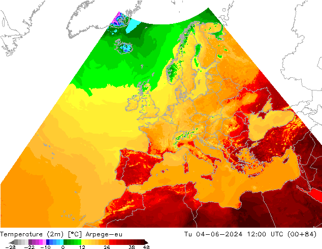 Temperatuurkaart (2m) Arpege-eu di 04.06.2024 12 UTC