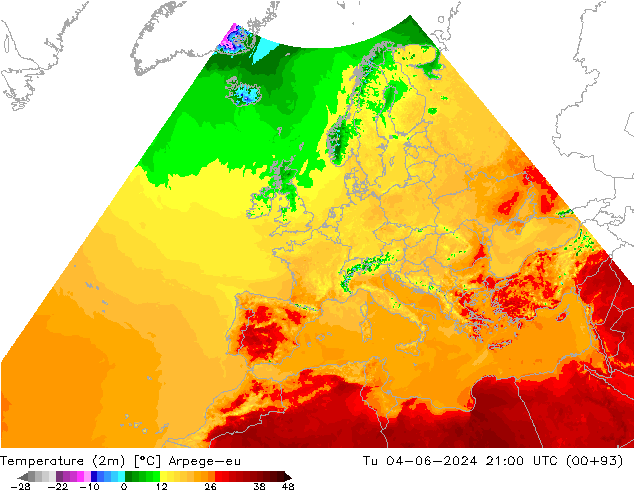 Temperatuurkaart (2m) Arpege-eu di 04.06.2024 21 UTC