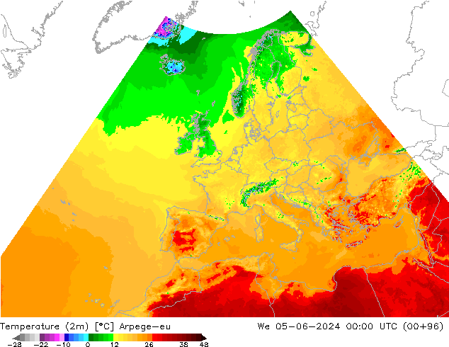 Temperaturkarte (2m) Arpege-eu Mi 05.06.2024 00 UTC