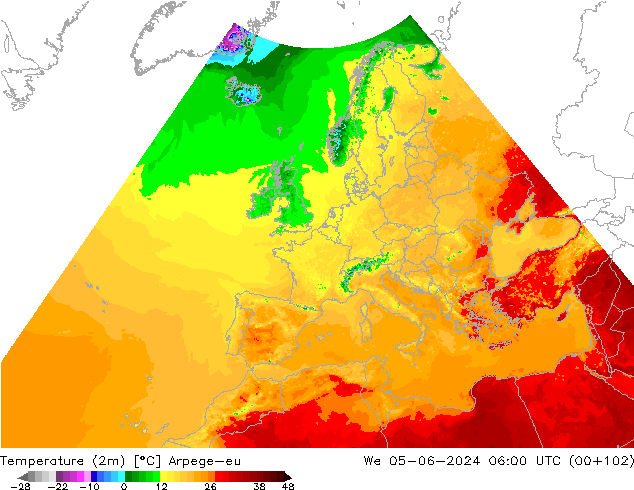 Temperatuurkaart (2m) Arpege-eu wo 05.06.2024 06 UTC