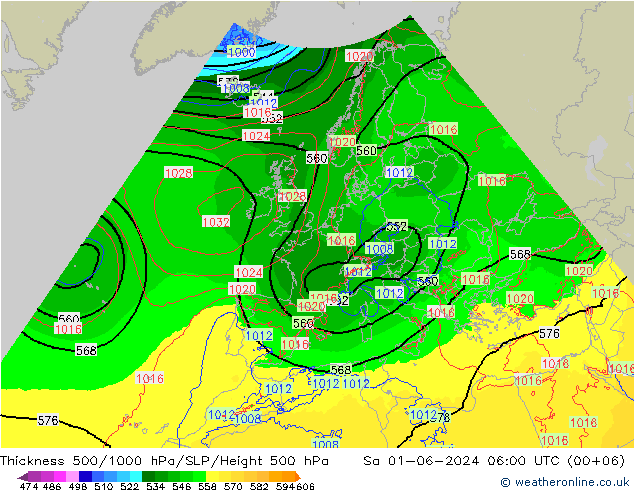 Schichtdicke 500-1000 hPa Arpege-eu Sa 01.06.2024 06 UTC