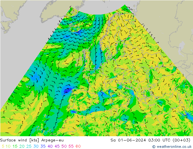 wiatr 10 m Arpege-eu so. 01.06.2024 03 UTC