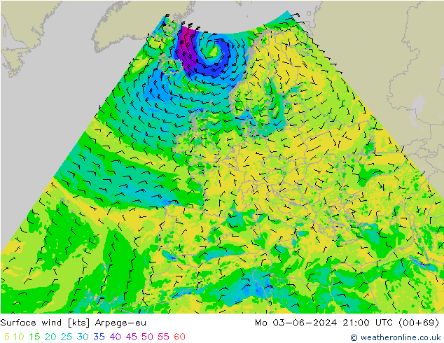 Surface wind Arpege-eu Mo 03.06.2024 21 UTC