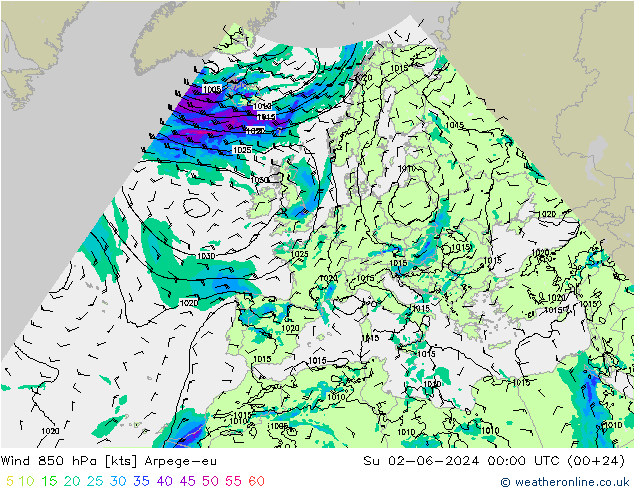 Wind 850 hPa Arpege-eu zo 02.06.2024 00 UTC