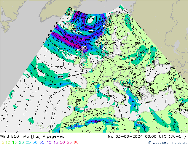 ветер 850 гПа Arpege-eu пн 03.06.2024 06 UTC