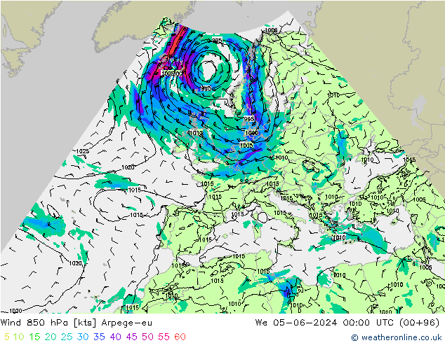 Wind 850 hPa Arpege-eu wo 05.06.2024 00 UTC