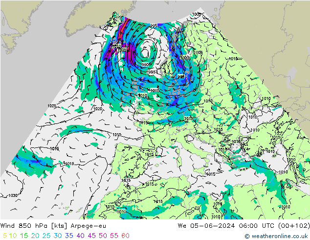 ветер 850 гПа Arpege-eu ср 05.06.2024 06 UTC