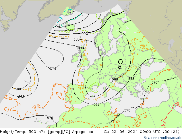 Height/Temp. 500 гПа Arpege-eu Вс 02.06.2024 00 UTC