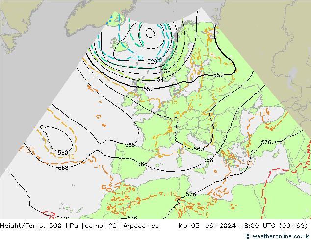 Height/Temp. 500 hPa Arpege-eu lun 03.06.2024 18 UTC