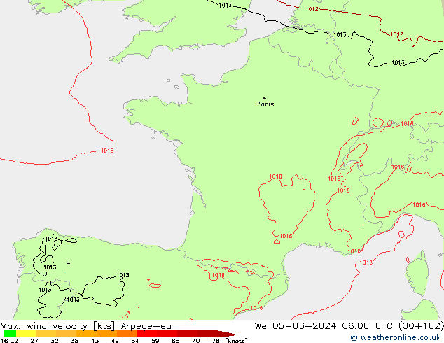 Max. wind velocity Arpege-eu We 05.06.2024 06 UTC