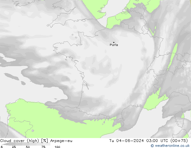 Cloud cover (high) Arpege-eu Tu 04.06.2024 03 UTC